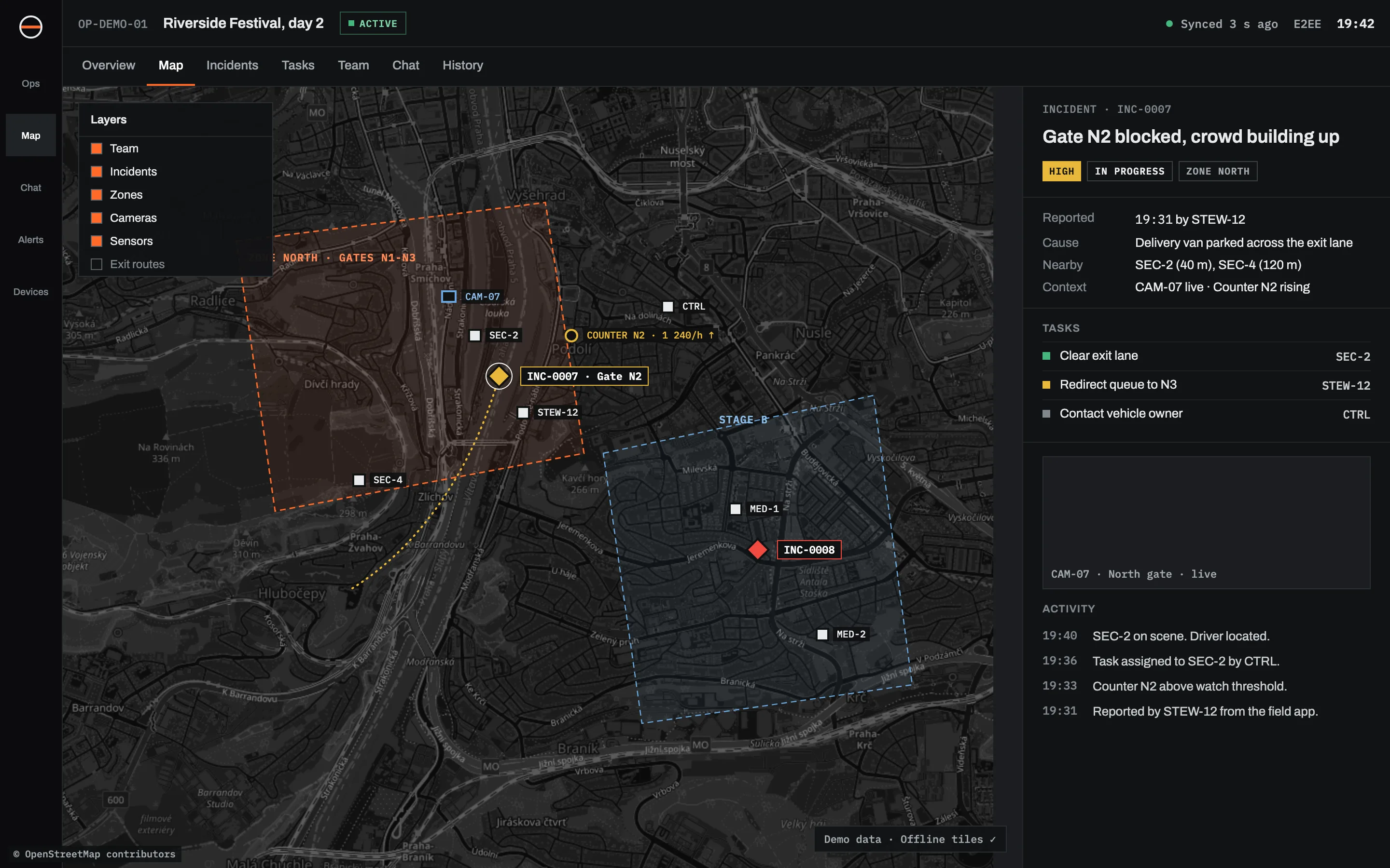 Operator view of the demo operation Riverside Festival, day 2: a map with Zone North, Stage B, teams, a camera and a people counter, and next to it incident INC-0007 "Gate N2 blocked" with its tasks, camera feed and activity.
