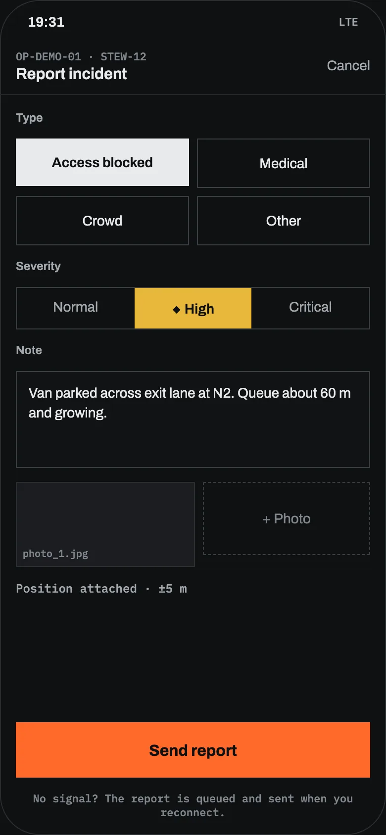 Field app on a steward's phone: the "Report incident" form with type "Access blocked", severity "High", a note about a van parked across the exit lane at N2, one photo and the position attached.